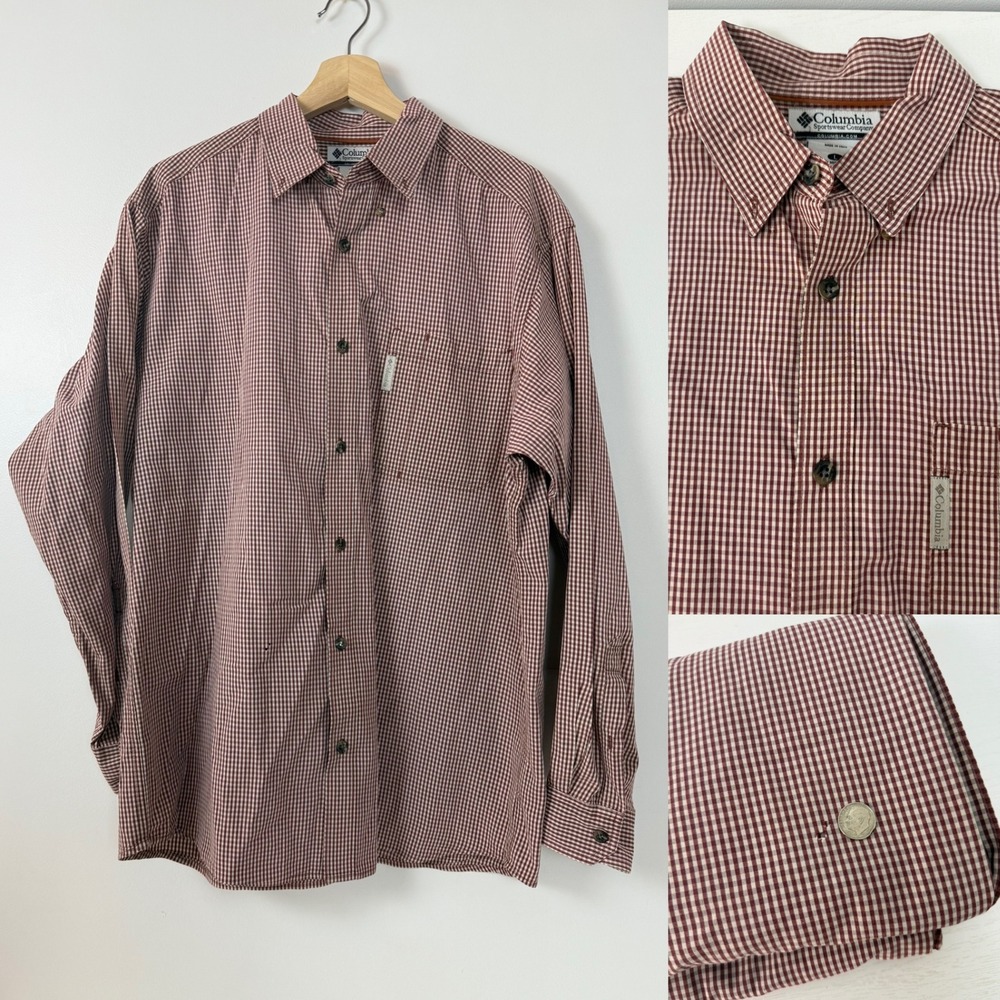 READ Columbia‎ Men's Red White Gingham Long Sleeve Button Down Shirt Size XL